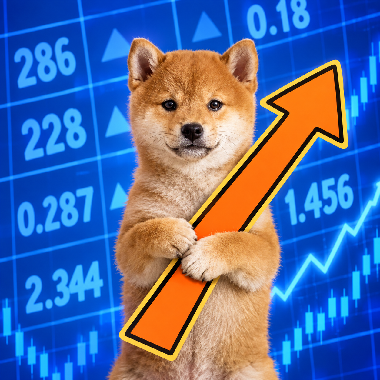 BATUNK, a Shiba Inu holding a bright orange arrow against a blue market board